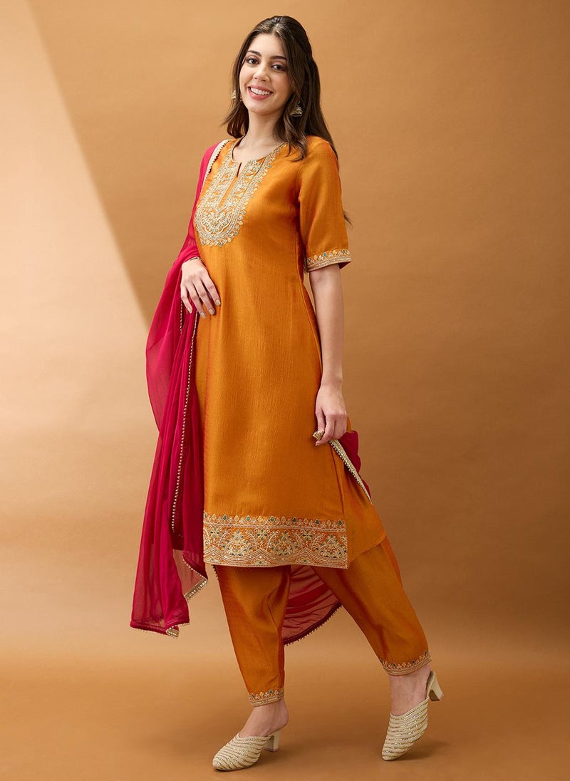 Globus Women Yellow Sequinned Zari Embroidered Yoke A-Line Kurta With Pant & Contrast Dupatta Festive Set - Image 3